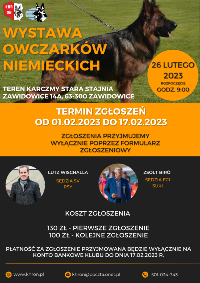 plakat wystawy owczarków niemieckich organizowanej przez KHRON na terenie Karczmy Stara Stajnia w Zawidowicach dnia 26 lutego 2023 roku o godzinie 9:00.