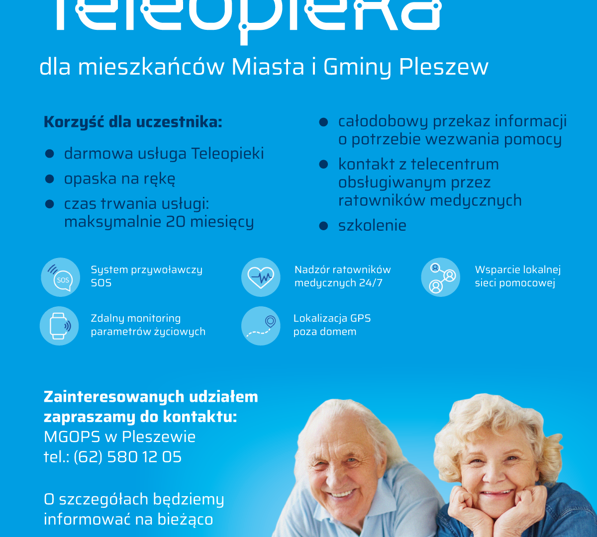 Plakat Teleopieki dla osób starszych realizowanej przez samorząd Miasta i Gminy Pleszew.
