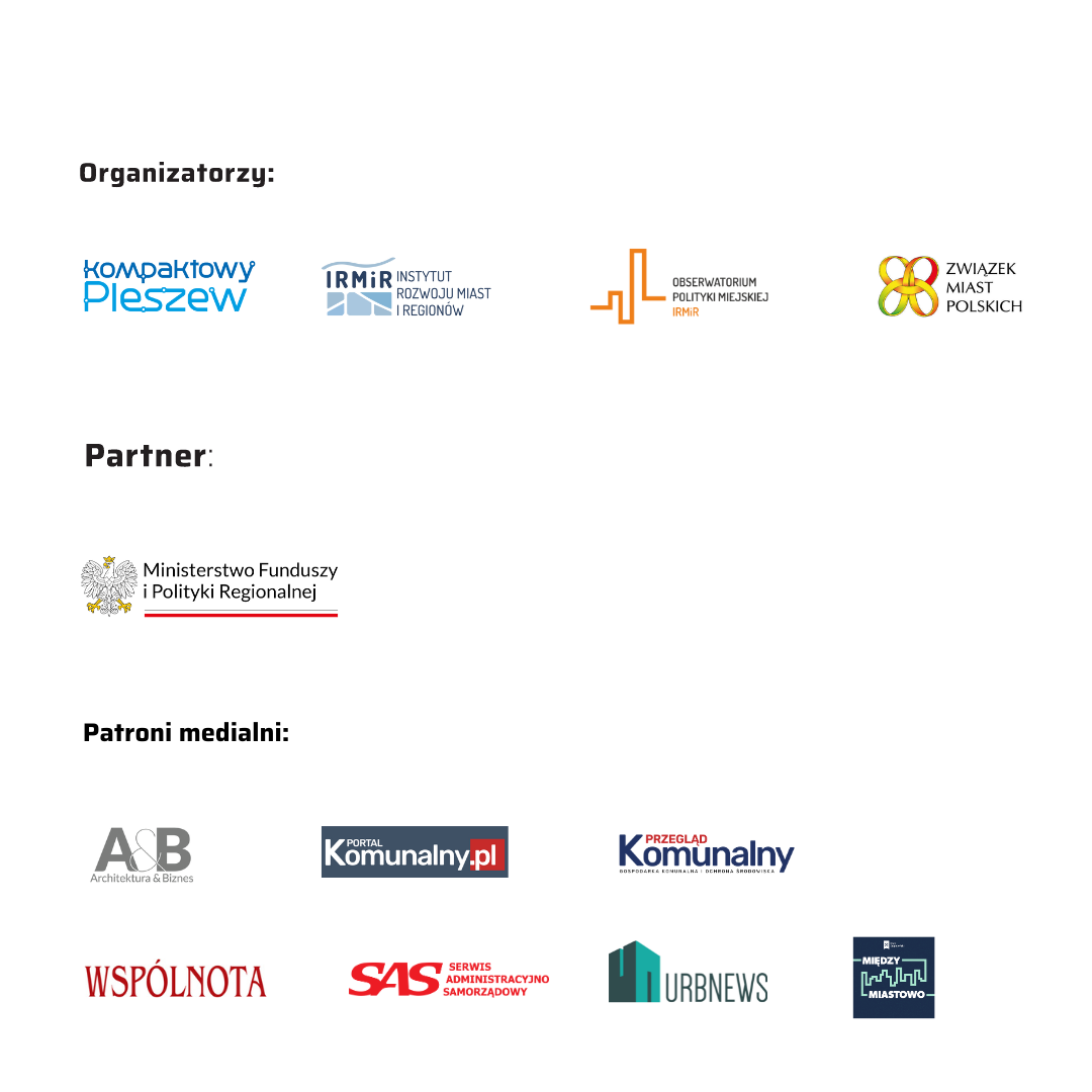 Logotypy organizatorów, partnera i patronów medialnych konferencji "Poza metropolią - aktywna polityka mieszkaniowa jako szansa na rozwój miast małych i średnich".