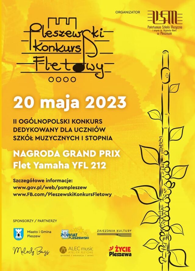 Plakat Pleszewskiego Konkursu Fletowego organizowanego przez Państwową Szkołę Muzyczną w Pleszewie 20 maja 2023 roku.