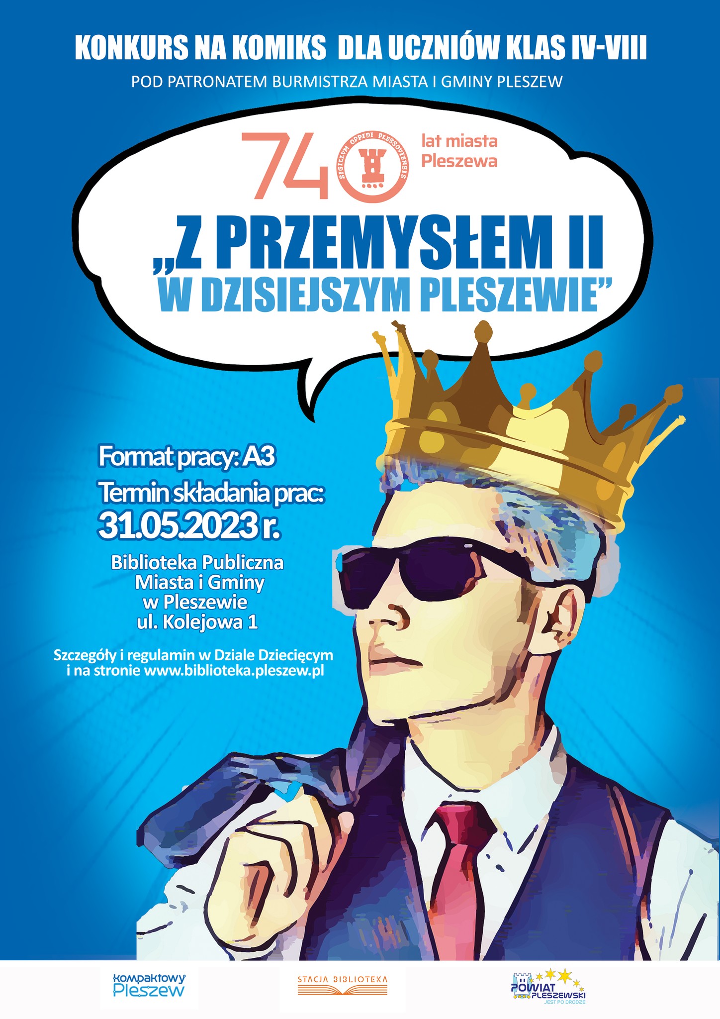 Plakat konkursu na komiks "Z Przemysłem II w dzisiejszym Pleszewie" organizowanego przez Bibliotekę Publiczną Miasta i Gminy Pleszew.