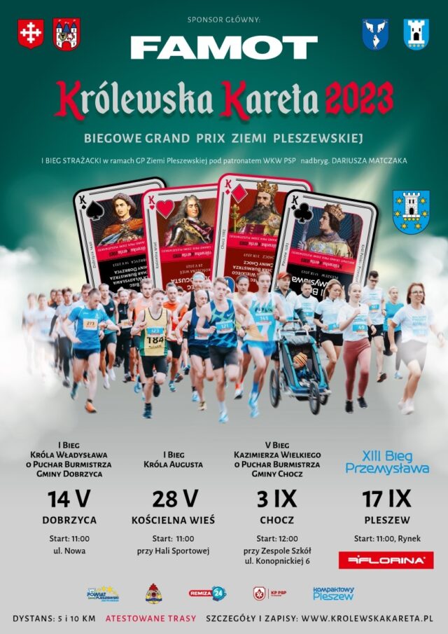 Plakat cyklu biegów na Ziemi Pleszewskiej Królewska Kareta 2023 organizowanych w czterech gminach powiatu pleszewskiego.