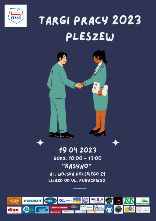 Plakat Targów Pracy 2023 odbywających się 19 kwietnia 2023 roku w Kasynie w Pleszewie organizowanych przez Młodzieżowe Centrum Kariery w Pleszewie.