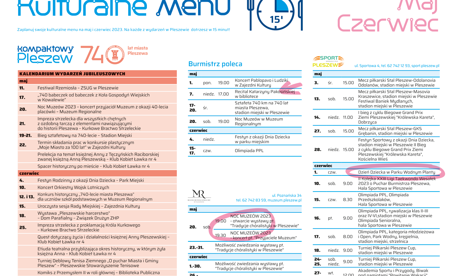 Grafika przedstawia Kulturalne menu na miesiące maj i czerwiec w Pleszewie.