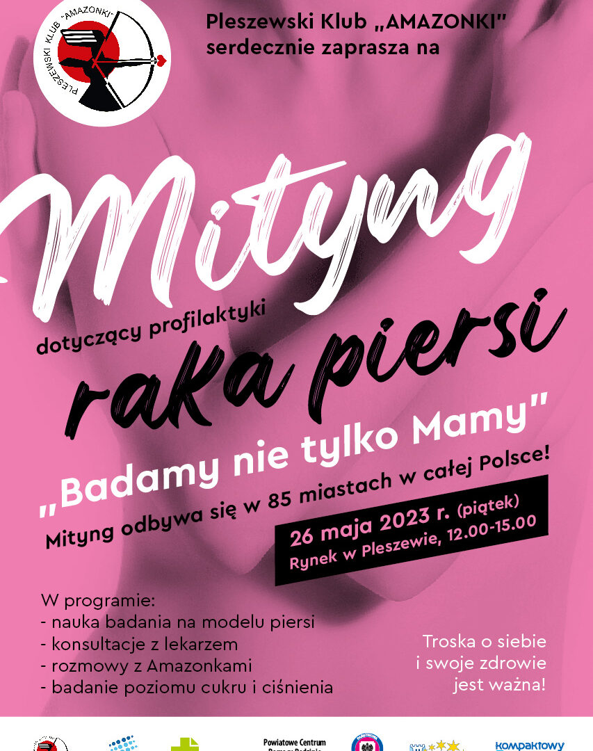 Plakat wydarzenia organizowanego na pleszewskim rynku przez Pleszewski klub "Amazonki" dotyczącego profilaktyki raka piersi.