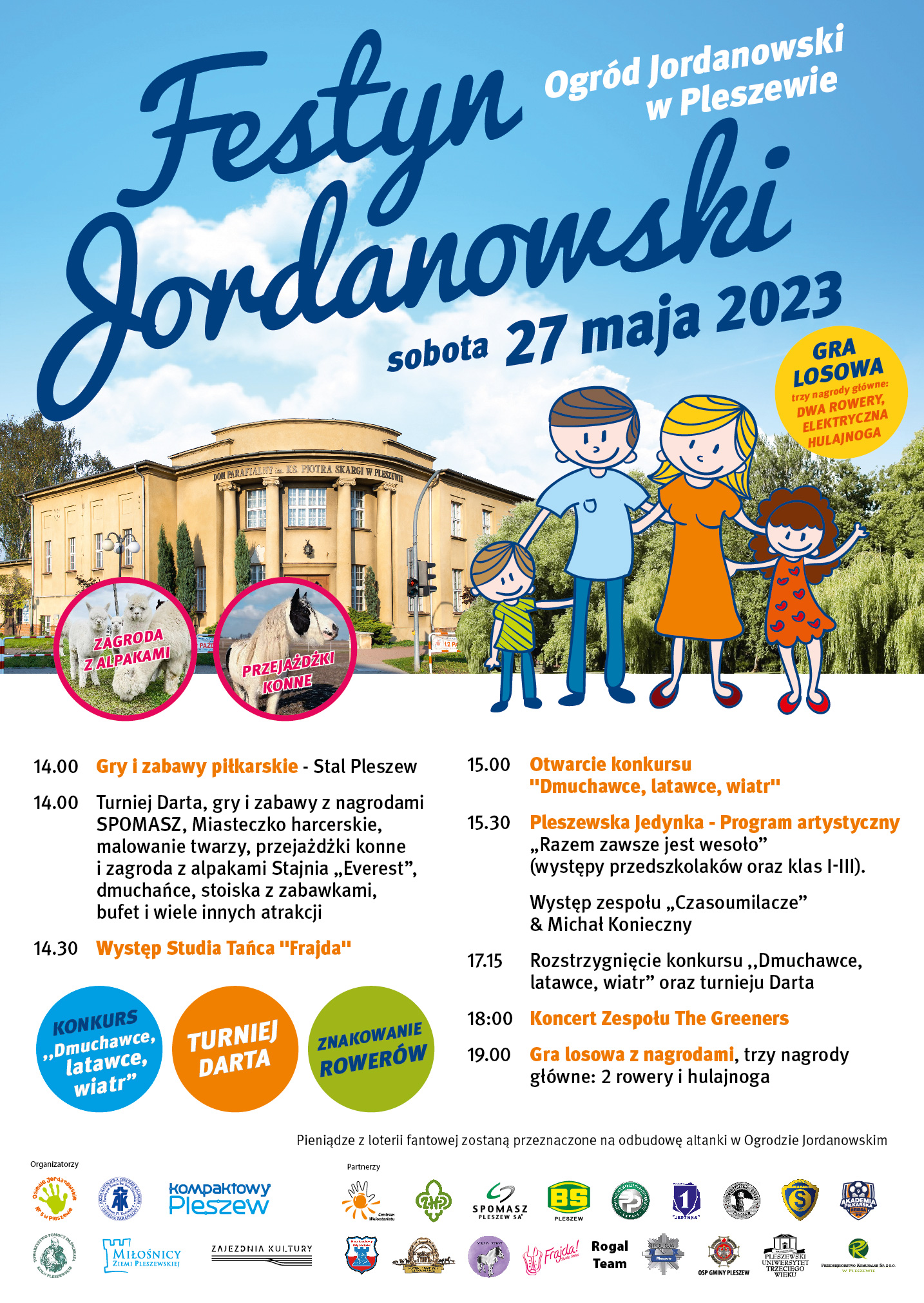 Plakat Festynu Jordanowskiego odbywającego się 27 maja 2023 roku od godziny 14:00 w Ogrodzie Jordanowskim w Pleszewie.