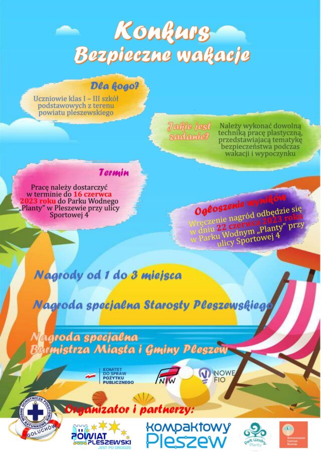 Plakat konkursu organizowanego przez WOPR Gołuchów "Bezpieczne wakacje".
