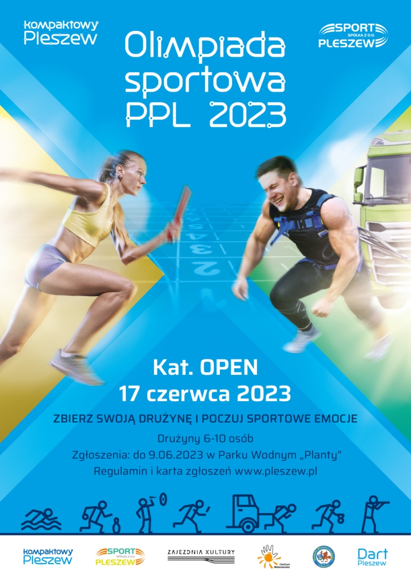 Plakat Olimpiady Sportowej PPL 2023 kategorii OPEN odbywającej się 17 czerwca 2023 roku od godziny 9:00 na obiektach sportowych w Pleszewie.