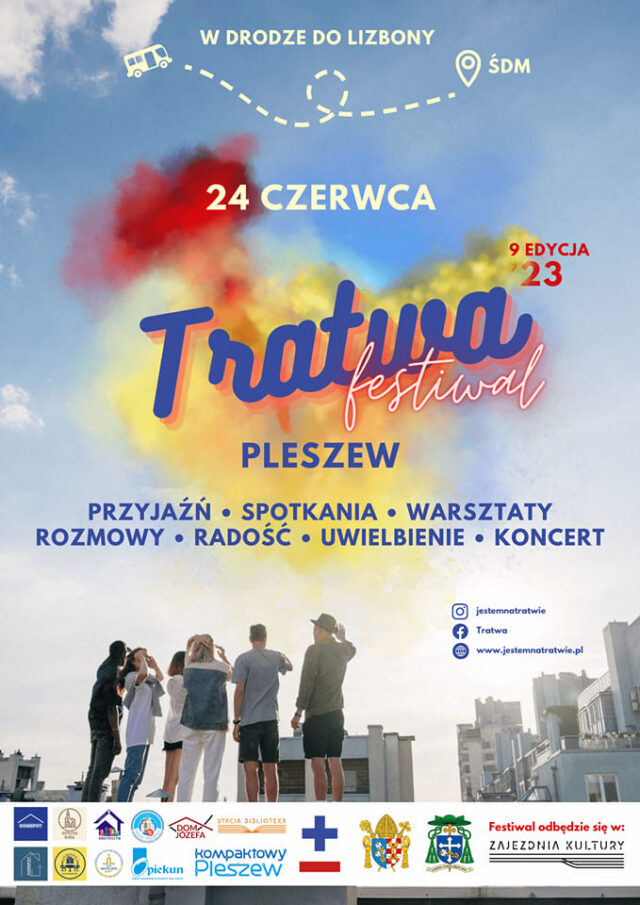 Plakat festiwalu Tratwa odbywającego się w Zajezdni Kultury 24 czerwca 2023 roku.