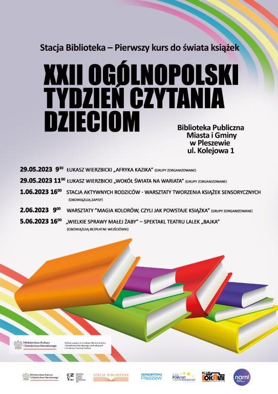 Plakat ogólnopolskiego tygodnia czytania dzieciom organizowanego w Bibliotece Publicznej w Pleszewie.