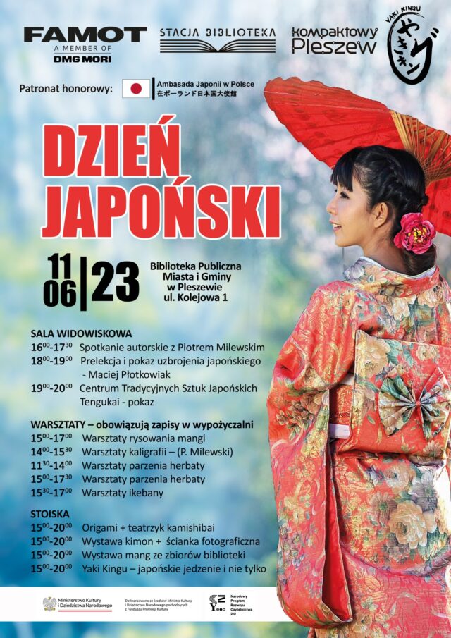Plakat Dnia Japońskiego odbywającego się w Bibliotece Publicznej Miasta i Gminy Pleszew 11 czerwca 2023 roku w godzinach 11:30-20:00.