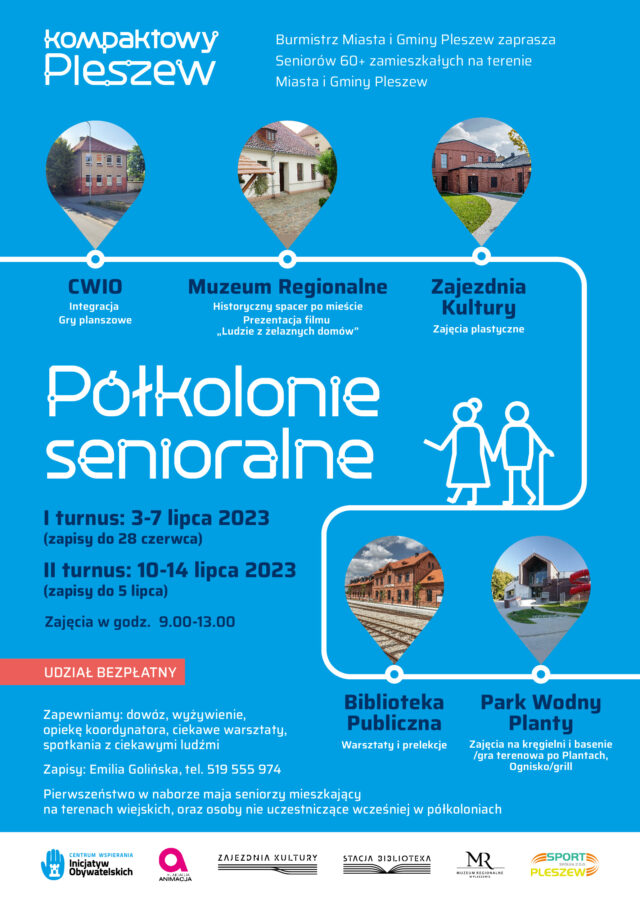 Plakat Półkolonii Senioralnych odbywających się w lipcu w Pleszewie.