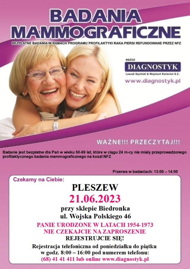 Plakat profilaktycznych badań mammograficznych odbywających się 21 czerwca 2023 roku w Pleszewie.