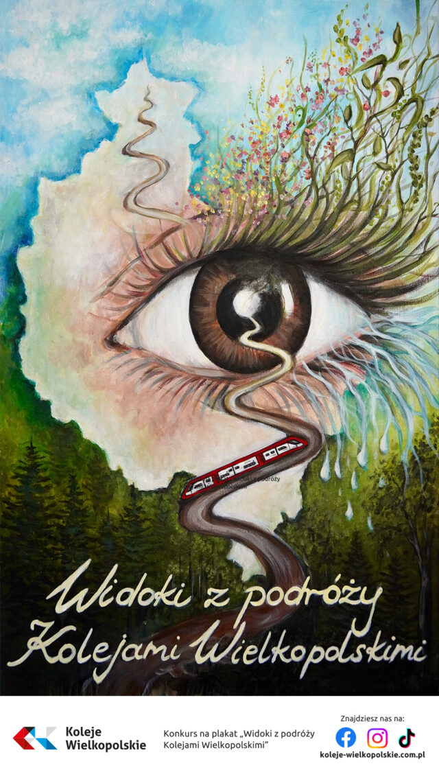 Plakat konkursu "Widoki z podróży Kolejami Wielkopolskimi" organizowanego przez Koleje Wielkopolskie.