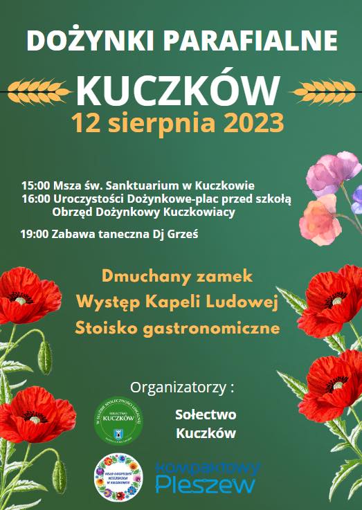 Plakat Dożynek w Kuczkowie odbywających się 12 sierpnia 2023r. o godzinie 15:00.