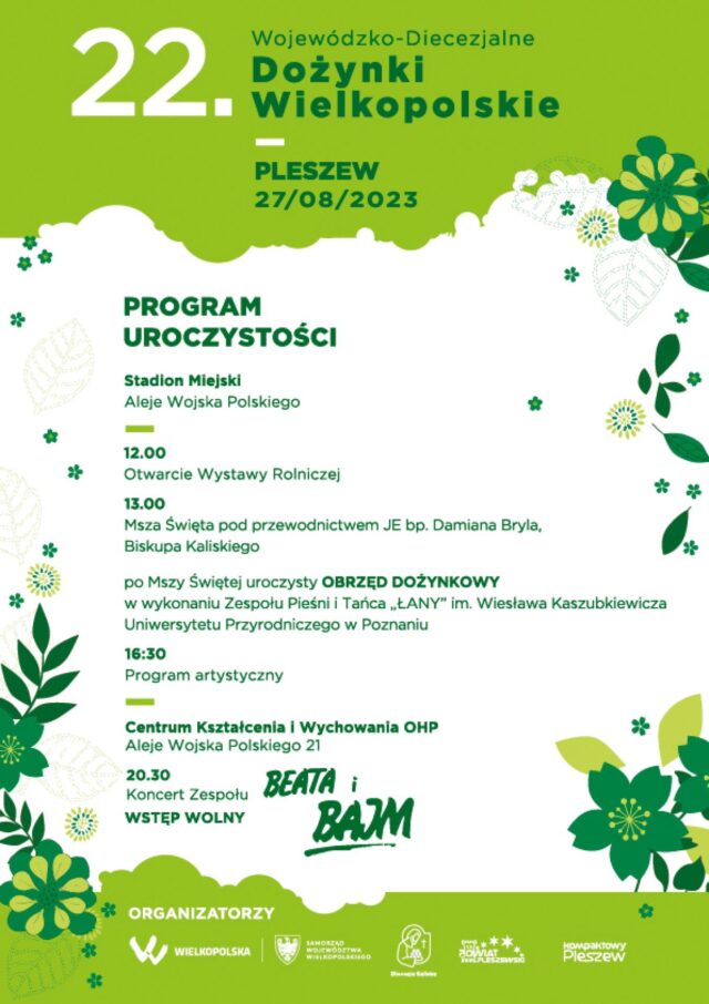 Plakat 22. Wojewódzko-Diecezjalnych Dożynek Wielkopolskich odbywających się 27 sierpnia 2023 roku na Stadionie Miejskim w Pleszewie oraz na placu przy OHP w Pleszewie.