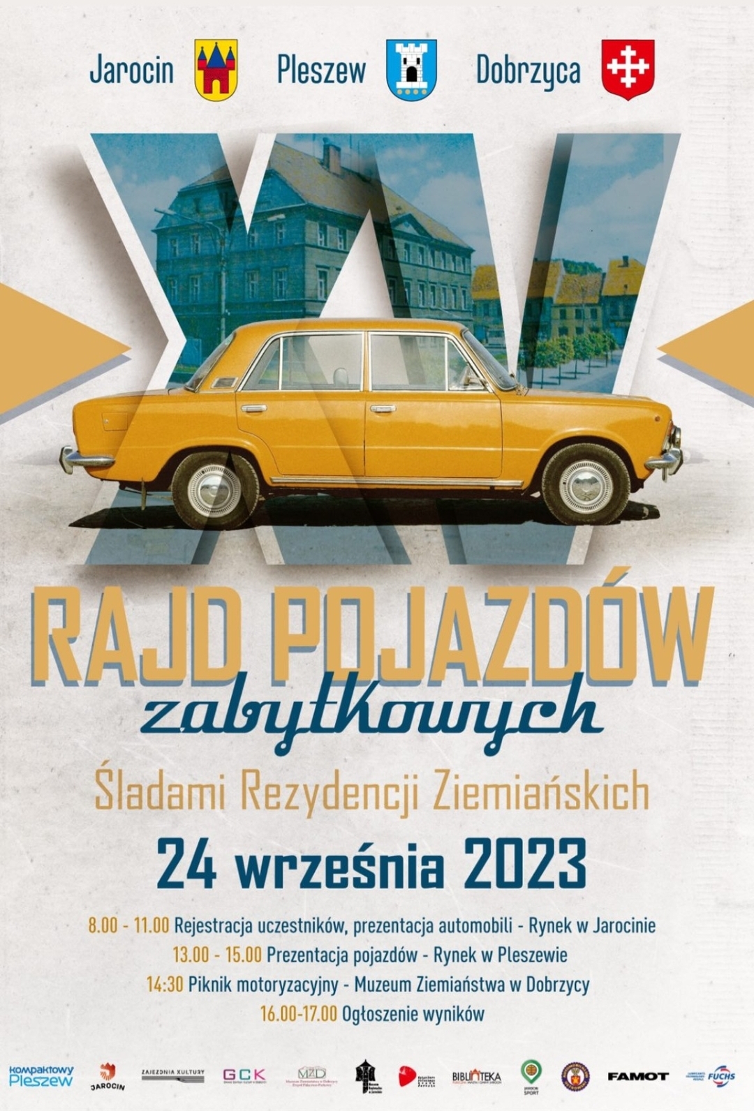 Plakat XV Rajdu Pojazdów Zabytkowych organizowanego w Jarocinie, Pleszewie i Dobrzycy 24 września 2023 roku w godzinach 8:00-17:00.