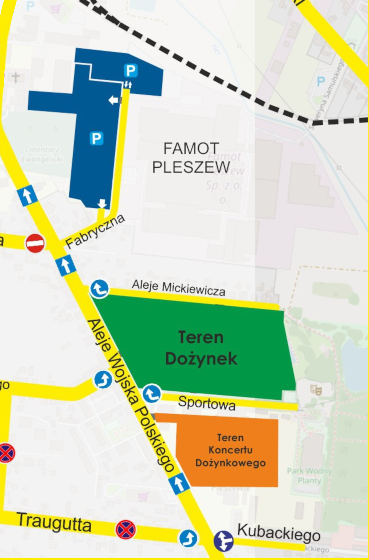 Mapa parkingu oraz terenu Wojewódzko-Diecezjalnych Dożynek Wielkopolskich w Pleszewie odbywających się 27 sierpnia 2023 r.