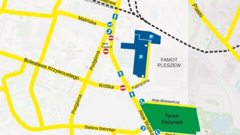 Mapa zmiany organizacji ruchu w Pleszewie z okazji Dożynek Wielkopolskich odbywających się 27 sierpnia 2023 roku na Stadionie Miejskim.