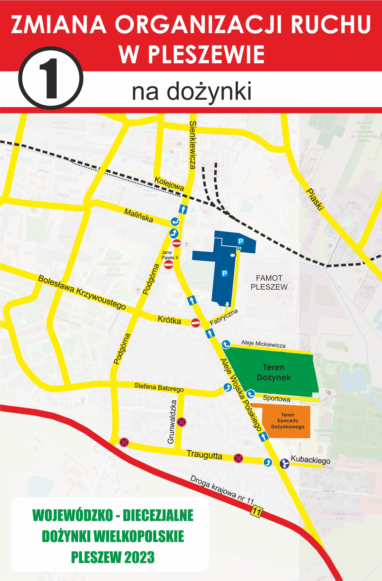 Mapa zmiany organizacji ruchu w Pleszewie z okazji Dożynek Wielkopolskich odbywających się 27 sierpnia 2023 roku na Stadionie Miejskim.