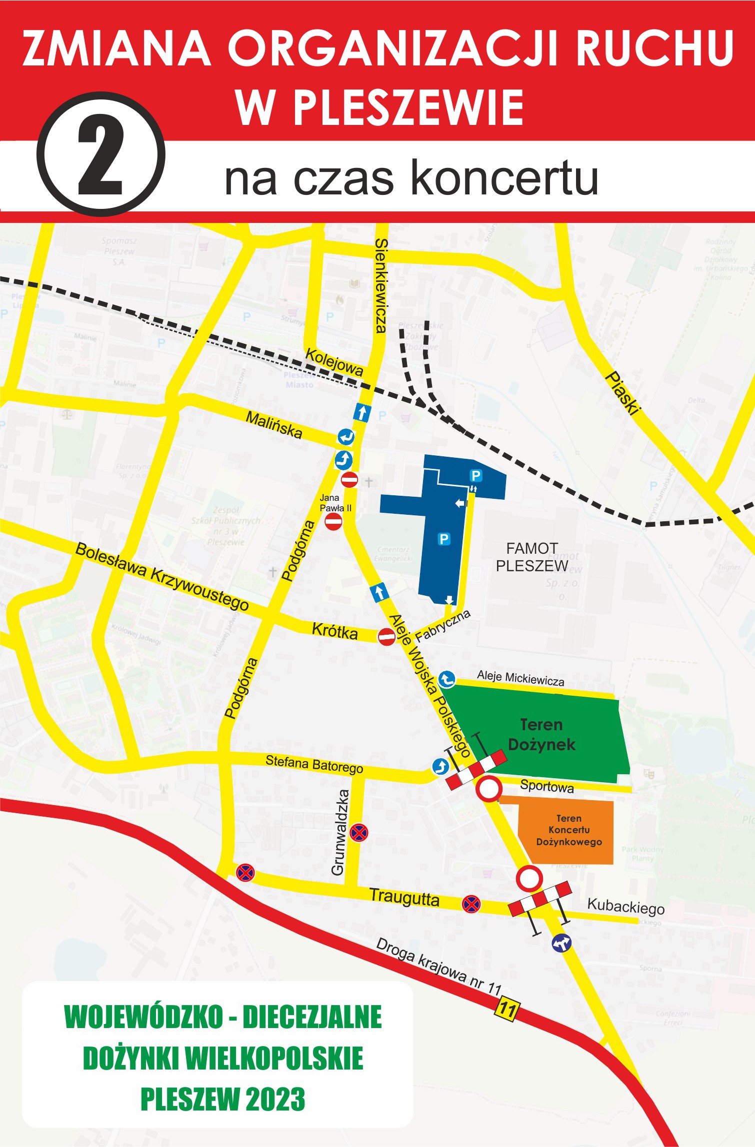 Mapa zmiany organizacji ruchu w Pleszewie na czas koncertu na placu przy OHP z okazji Dożynek Wielkopolskich odbywających się 27 sierpnia 2023 roku na Stadionie Miejskim.