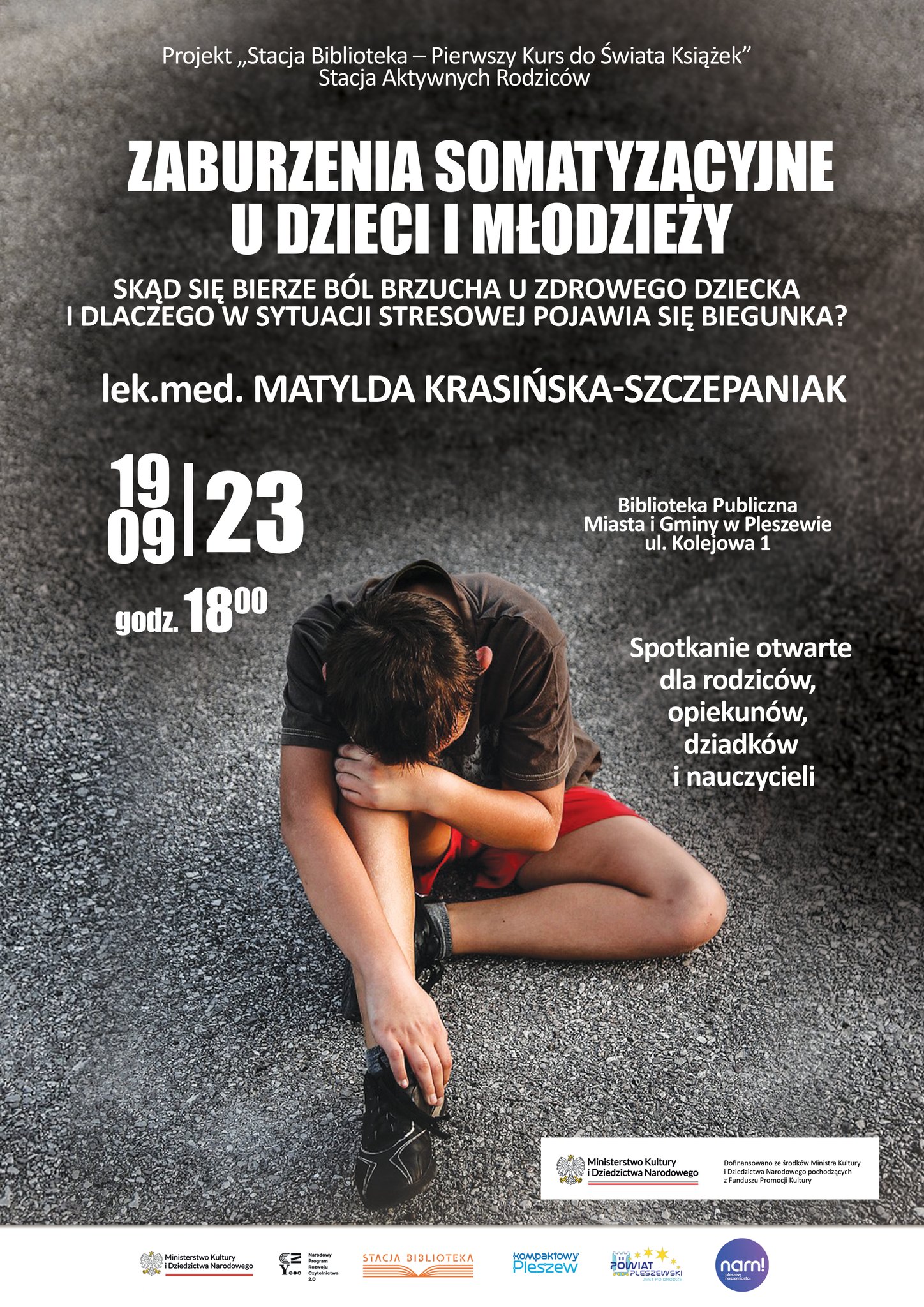 Plakat wydarzenia "Zaburzenia somatyzacyjne u dzieci i młodzieży" odbywającego się w Bibliotece Publicznej Miasta i Gminy Pleszew 19 września 2023 r. o godzinie 18:00.