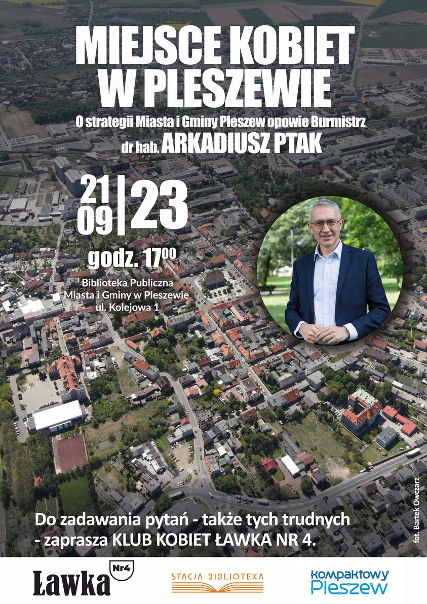 Plakat spotkania z burmistrzem Pleszewa w Bibliotece Publicznej pt. "Miejsce kobiet w Pleszewie" odbywającego się 21 września 2023 roku o godzinie 17:00.