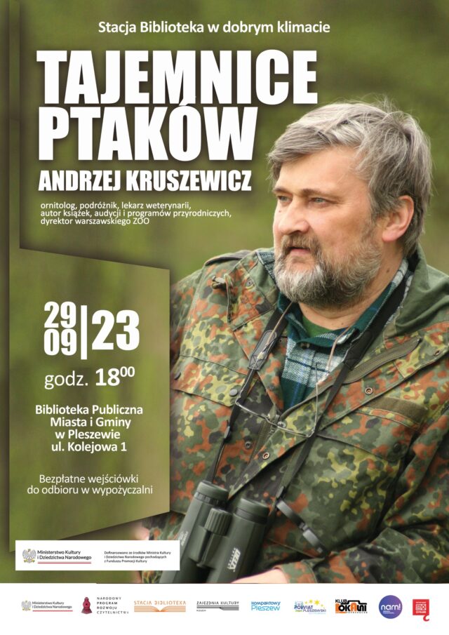 Plakat spotkania "Tajemnice ptaków - Andrzej Kruszewicz" odbywającego się w Bibliotece Publicznej Miasta i Gminy Pleszew 29 września 2023 roku o godzinie 18:00.