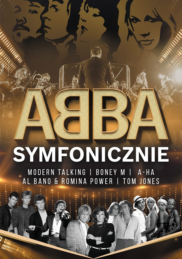 Plakat koncertu ABBA symfonicznie odbywającego się 1 października 2023 r. o godzinie 19:00 w Hali Widowiskowo - Sportowej w Pleszewie.