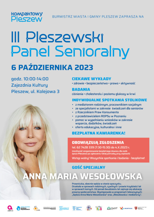 Plakat III Pleszewskiego Panelu Senioralnego organizowanego w Zajezdni Kultury w Pleszewie 6 października 2023 roku w godzinach 10:00-14:00.