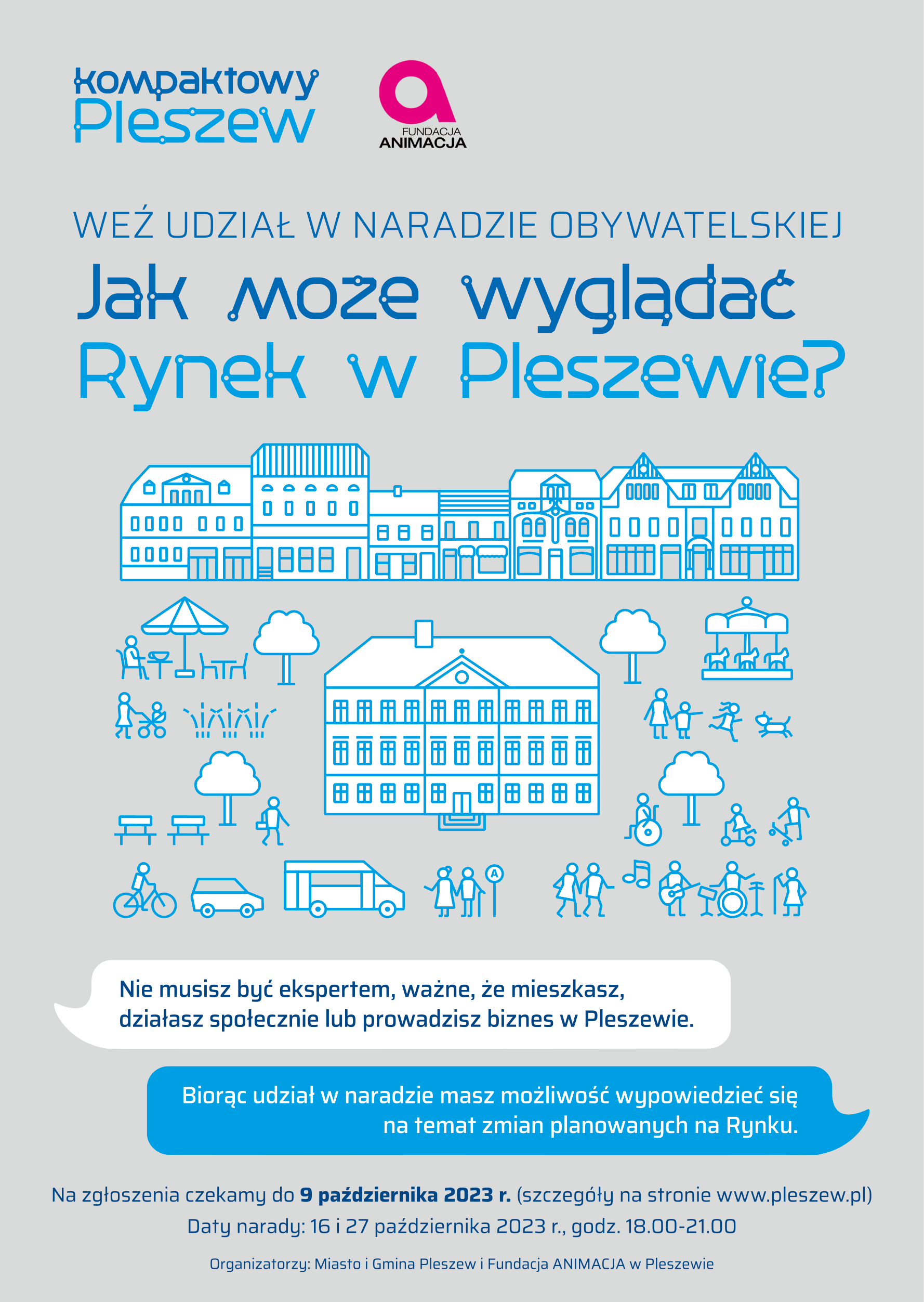 Plakat narady obywatelskiej dotyczącej wyglądu pleszewskiego Rynku organizowanej 16 i 27 października 2023 r. w CWIO w Pleszewie.