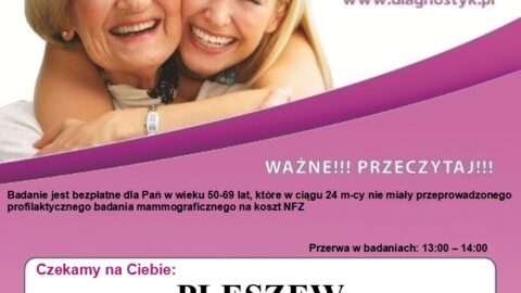 Plakat badania mammograficznego organizowanego w Pleszewie 20 września 2023 roku.