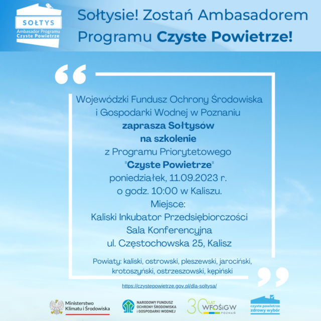 Plakat szkolenia dla Sołtysów z Programu Czyste Powietrze odbywającego się w Kaliszu 11 września 2023r.