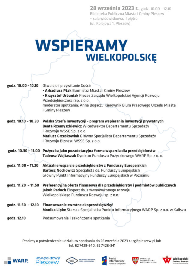 Harmonogram konferencji "Wspieramy Wielkopolskę" odbywającej się 28 sierpnia 2023 r. w Bibliotece Publicznej Miasta i Gminy Pleszew w godzinach 10:00-12:00.