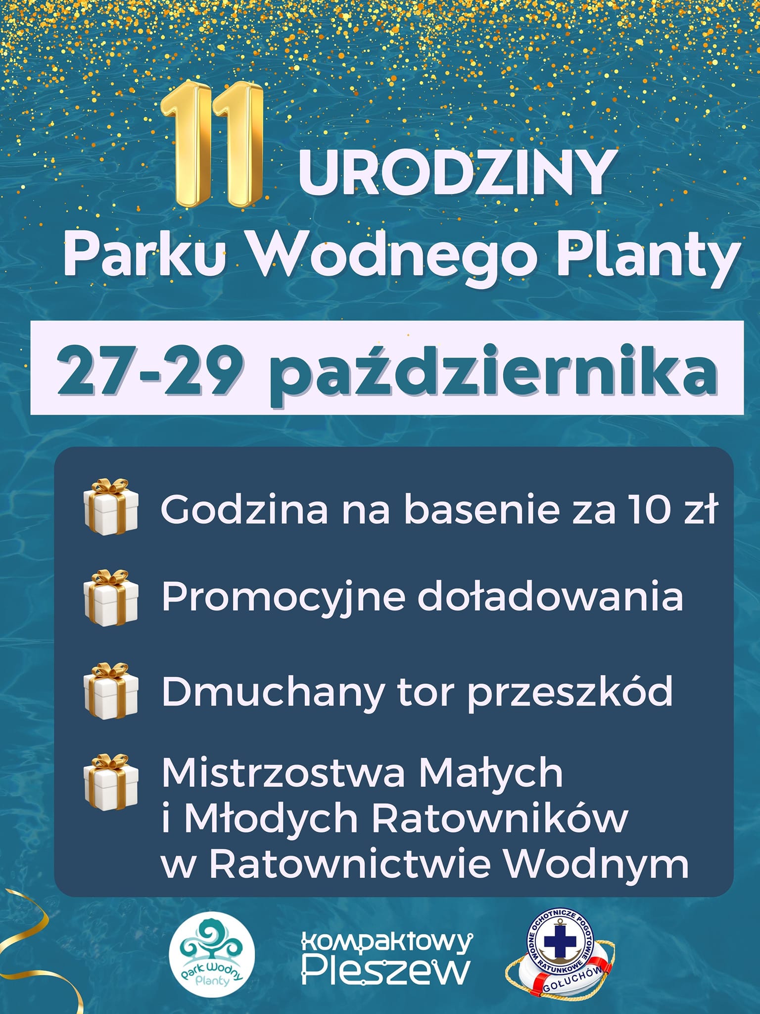 Plakat 11 urodzin Parku Wodnego "Planty" odbywających się w dniach 27-29 października 2023 roku.