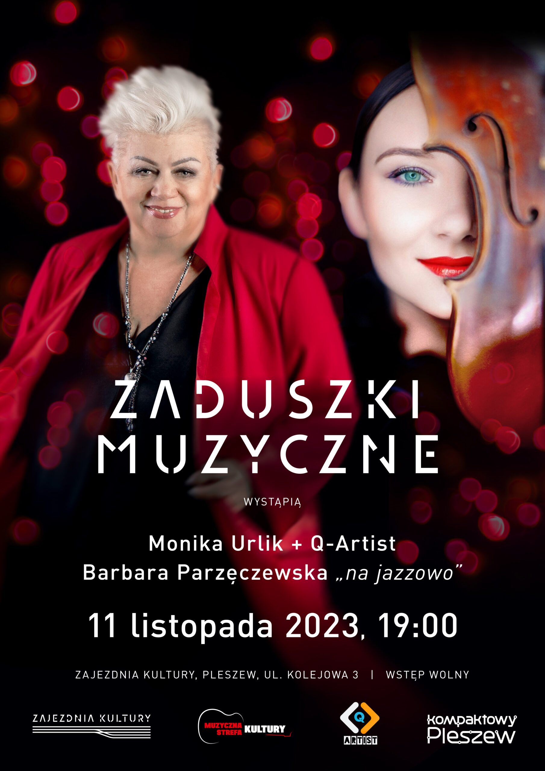 Plakat Muzycznych Zaduszek organizowanych w Zajezdni Kultury w Pleszewie 11 listopada 2023 roku o godzinie 19:00.