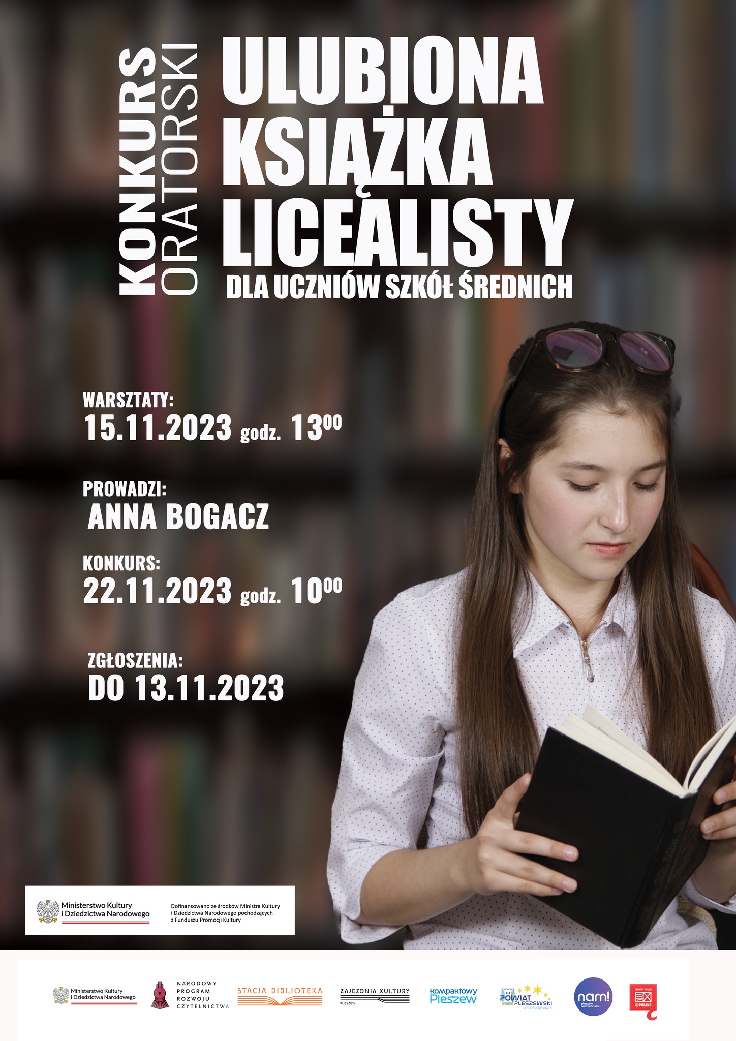 Plakat warsztatów i konkursu oratorskiego organizowanych przez Bibliotekę Publiczną MiG Pleszew.