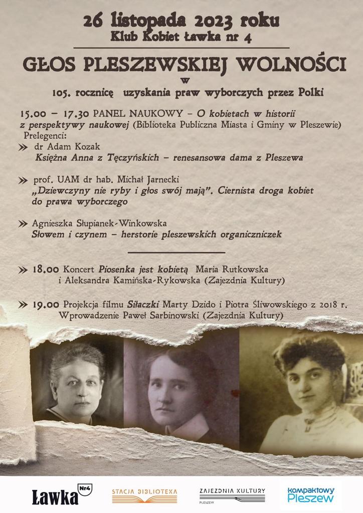 Plakat wydarzenia "Głos pleszewskiej wolności" organizowanego przez Klub Kobiet Ławka nr 4 26 listopada 2023 roku od godziny 15:00 w Bibliotece Publicznej MiG Pleszew oraz w Zajezdni Kultury w Pleszewie.