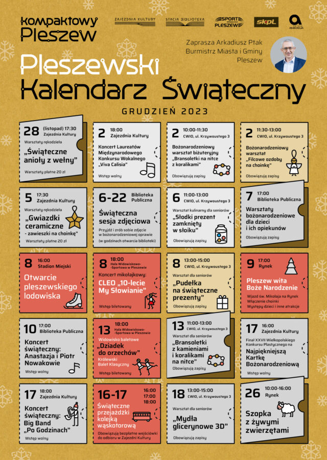 Pleszewski Kalendarz Świąteczny z rozpiską wydarzeń grudniowych w Pleszewie.
