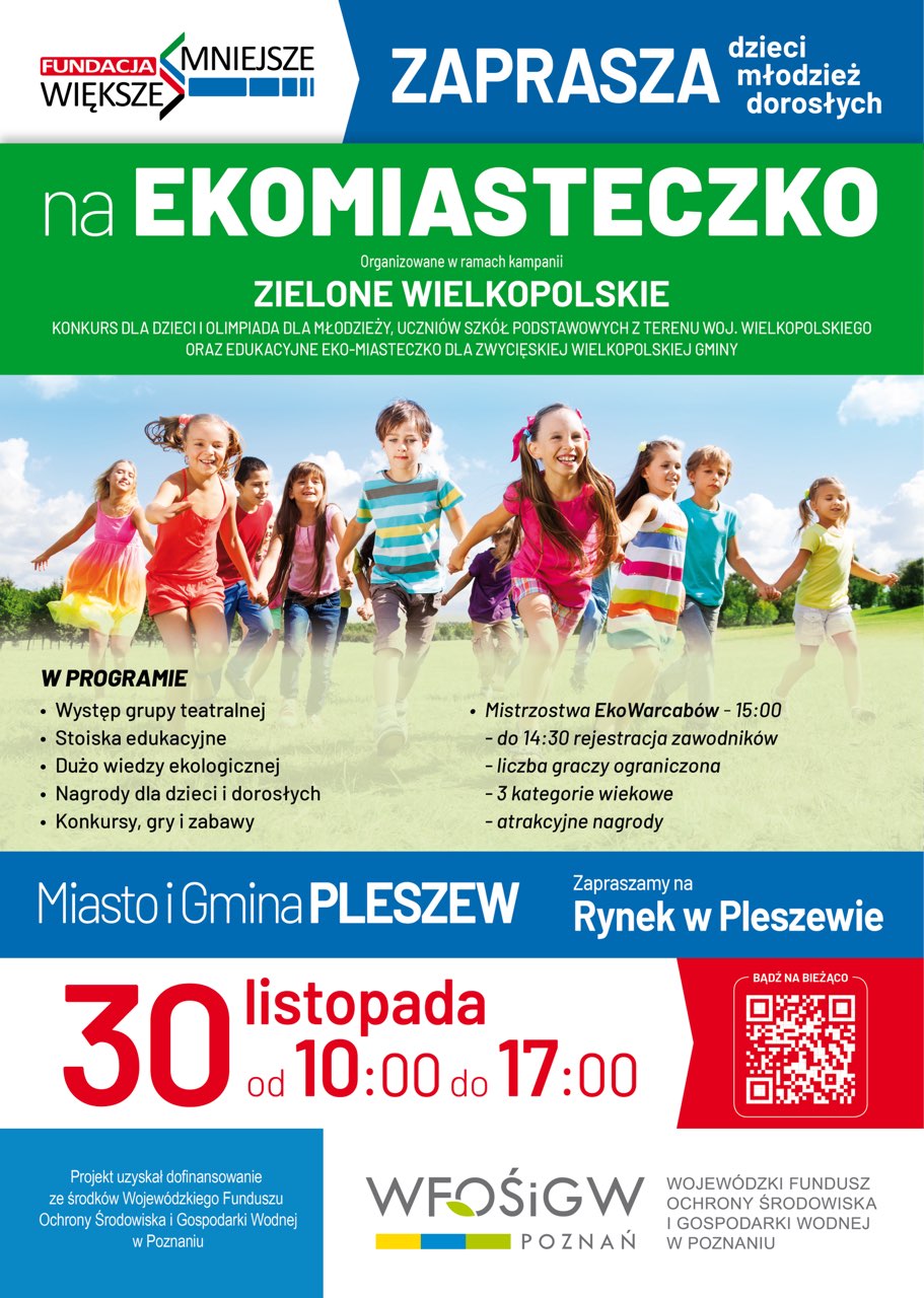 Plakat ekomiasteczka organizowanego na pleszewskim Rynku 30 listopada 2023 roku w godzinach 10:00-17:00.