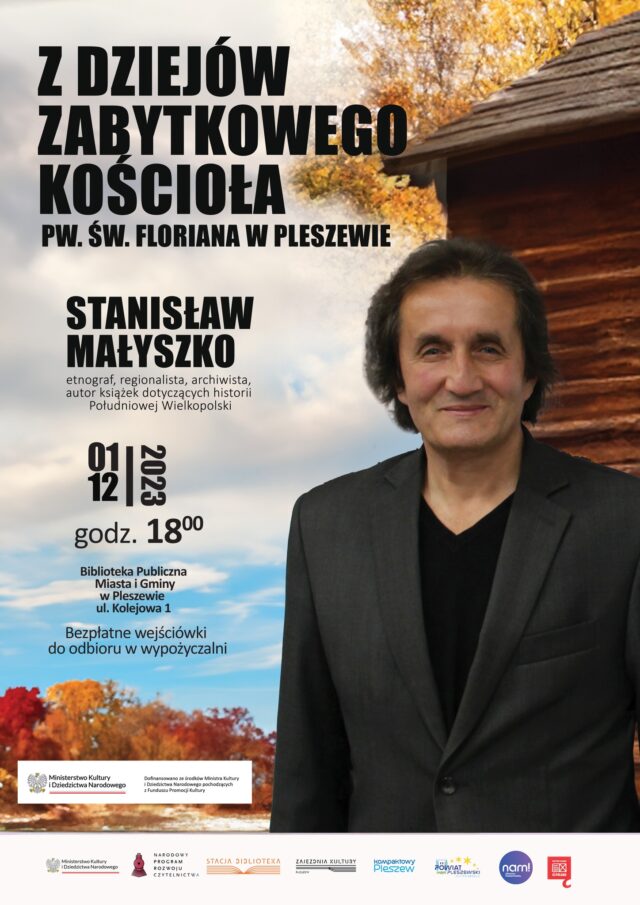 Plakat wydarzenia "Z dziejów zabytkowego kościoła pw. św. Floriana w Pleszewie" odbywającego się w Bibliotece Publicznej MiG Pleszew 1 grudnia 2023 roku o godzinie 18:00.