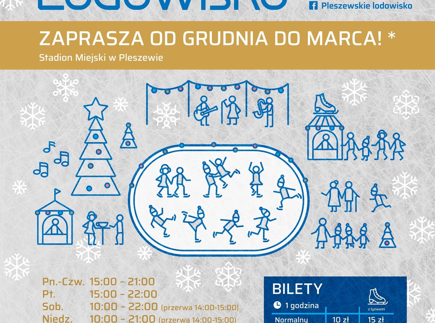 Plakat otwarcia lodowiska na Stadionie Miejskim w Pleszewie 8 grudnia 2023 roku o godzinie 16:00.