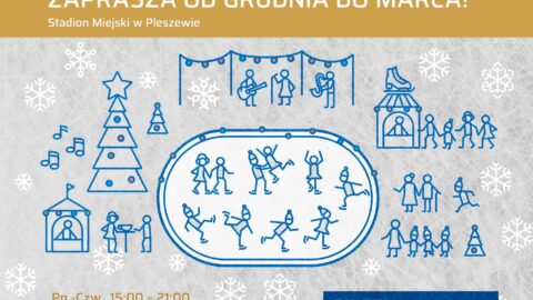 Plakat otwarcia lodowiska na Stadionie Miejskim w Pleszewie 8 grudnia 2023 roku o godzinie 16:00.