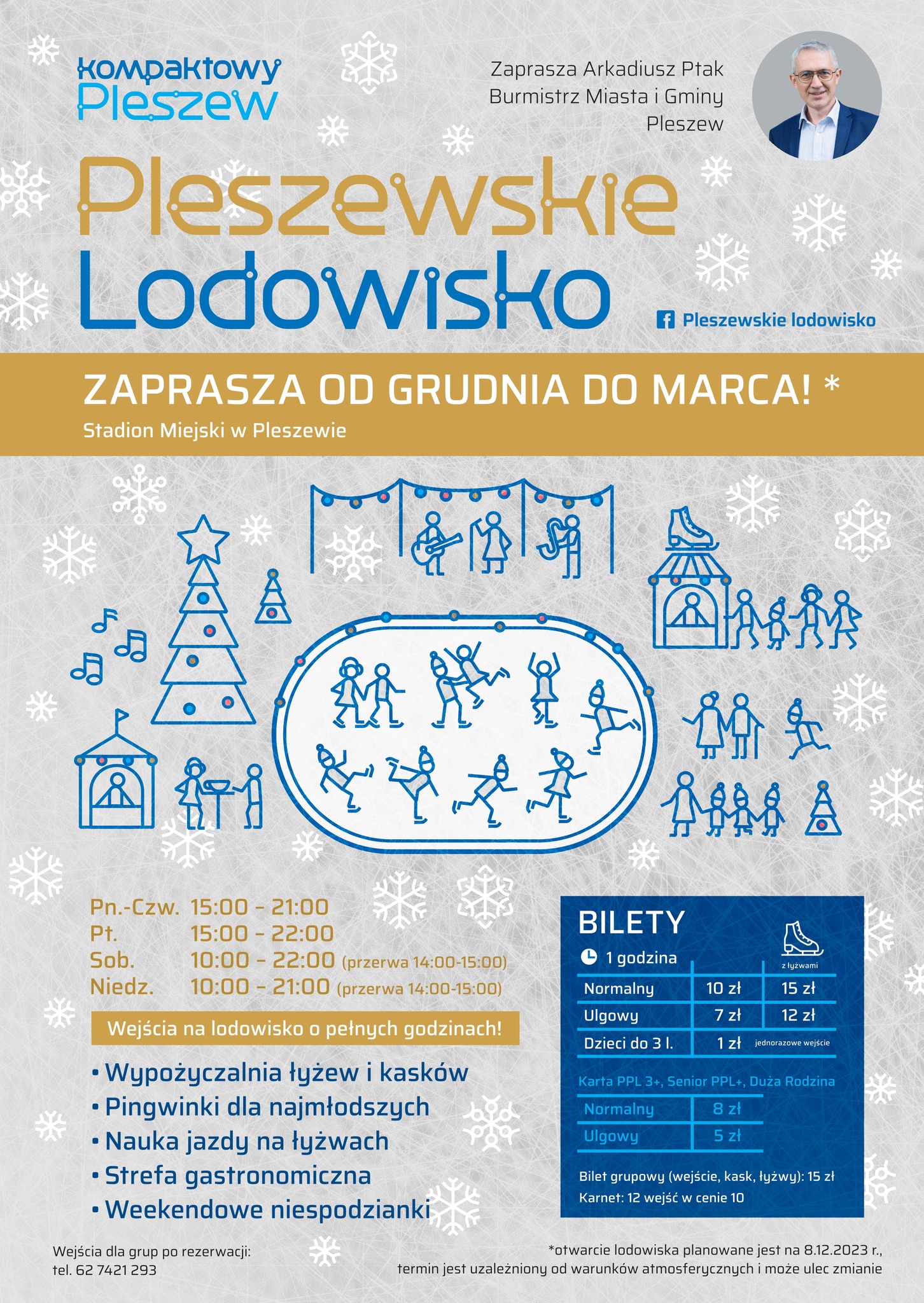 Plakat otwarcia lodowiska na Stadionie Miejskim w Pleszewie 8 grudnia 2023 roku o godzinie 16:00.