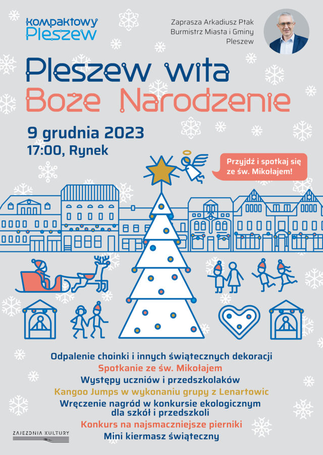 Plakat wydarzenia "Pleszew wita Boże Narodzenie" odbywającego się na pleszewskim Rynku 9 grudnia 2023 roku o godzinie 17:00.
