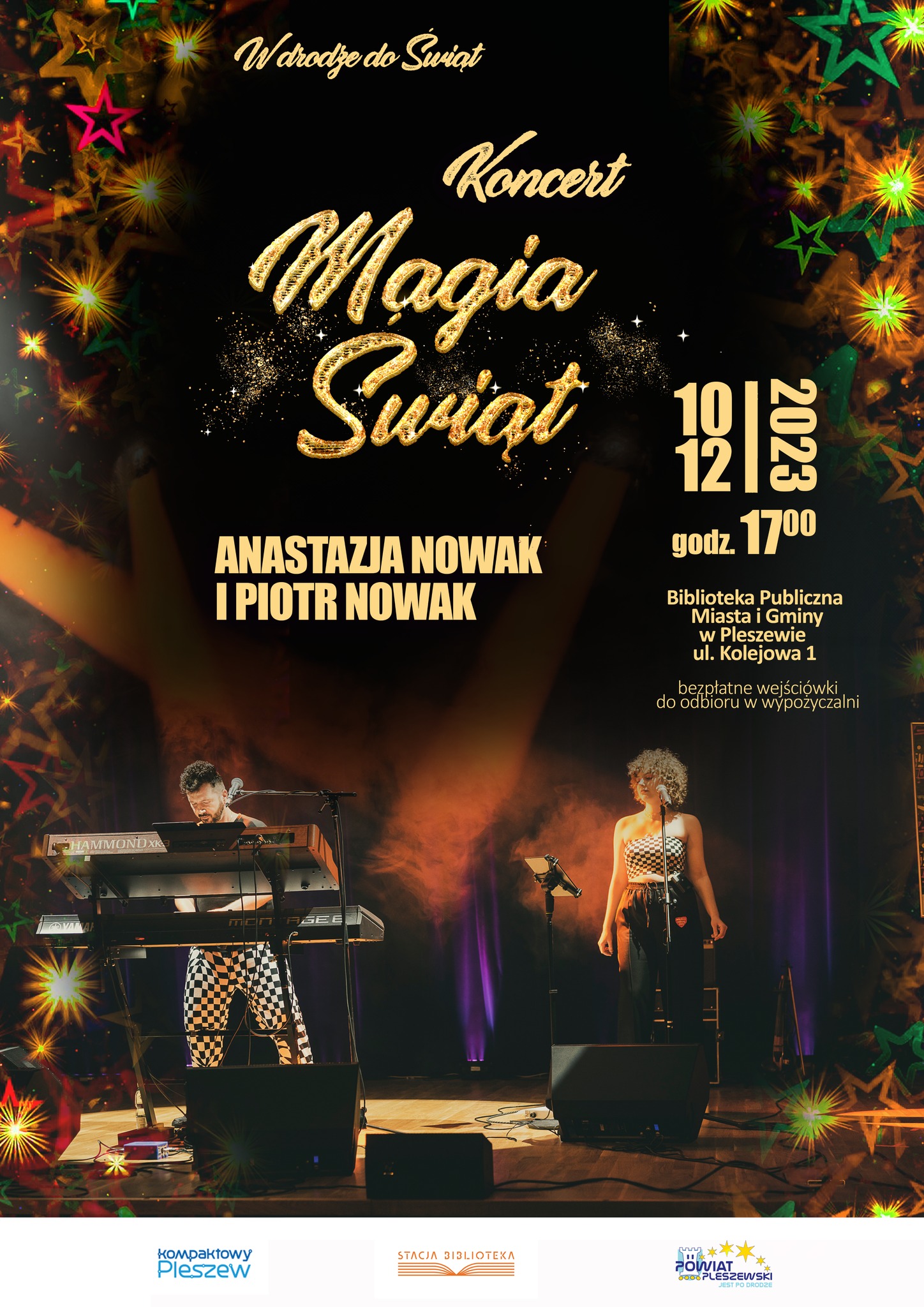 Plakat koncertu organizowanego w Bibliotece Publicznej Miasta i Gminy Pleszew "Magia Swiąt" organizowanego 10 grudnia 2023 roku o godzinie 17:00.