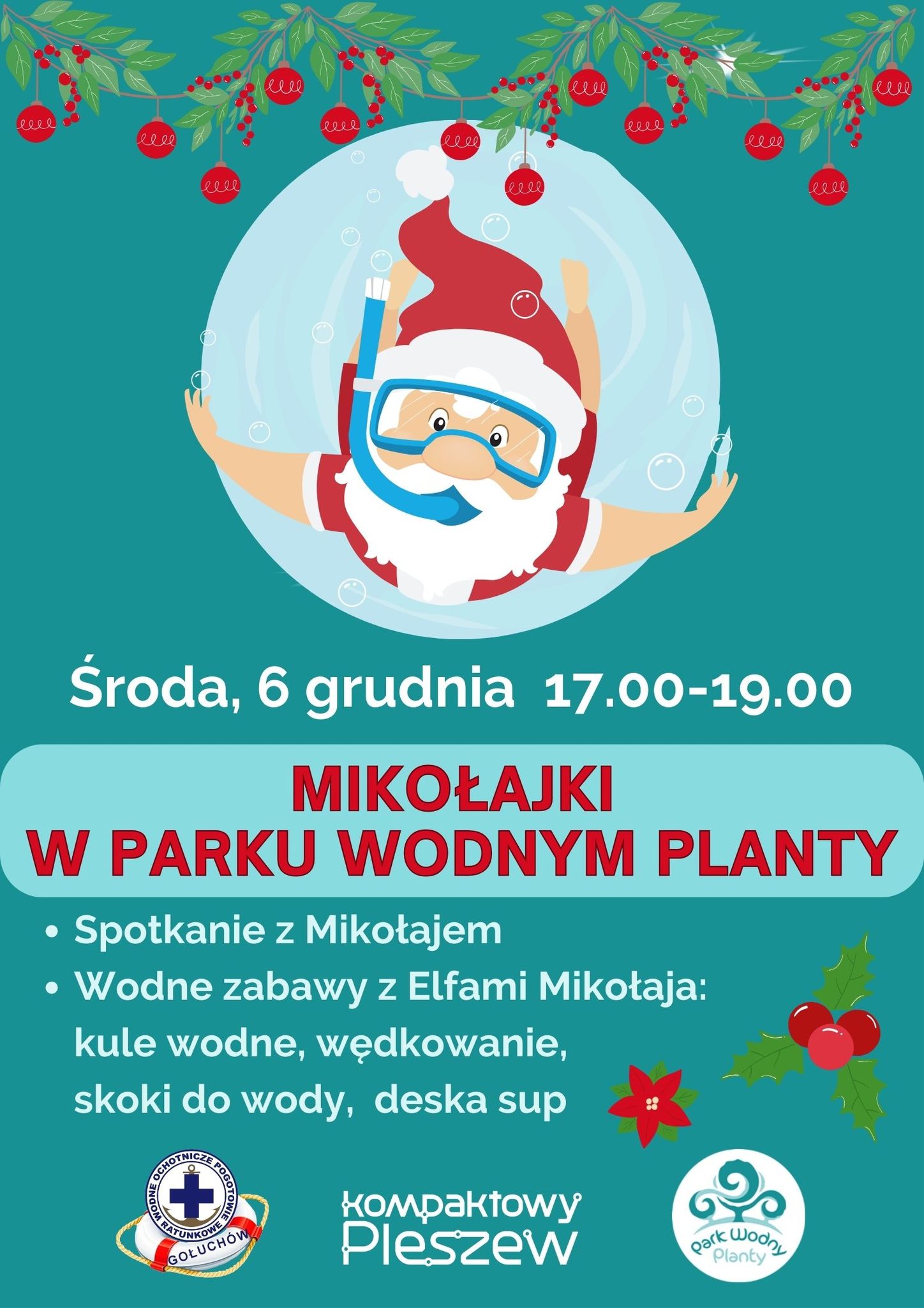 Plakat Mikołajek w Parku Wodnym Planty odbywających się 6 grudnia 2023 r. o godzinie 17:00.