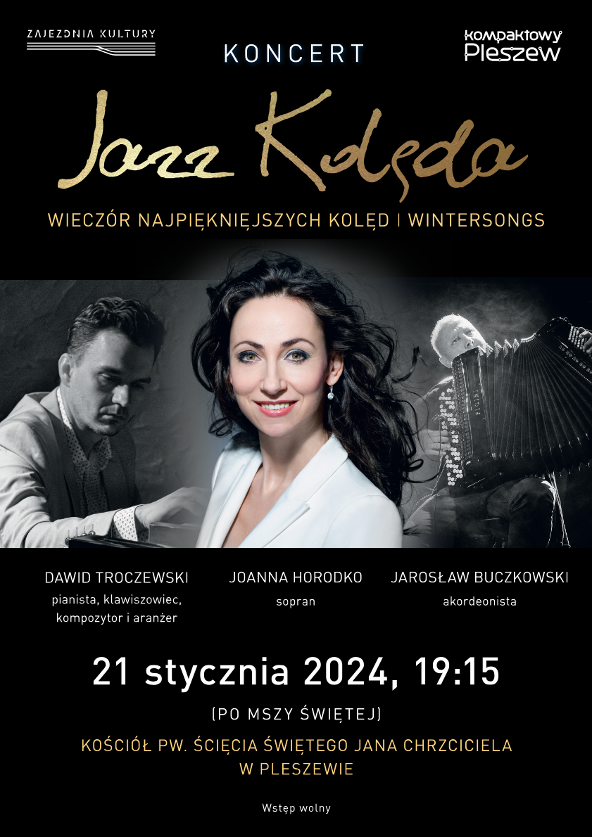 Plakat koncertu kolęd w pleszewskiej farze 21 stycznia 2024 r. o godzinie 19:15.