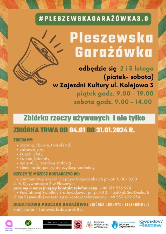 Plakat Pleszewskiej Garażówki odbywającej się 2 i 3 lutego 2024 roku w Zajezdni Kultury w Pleszewie.