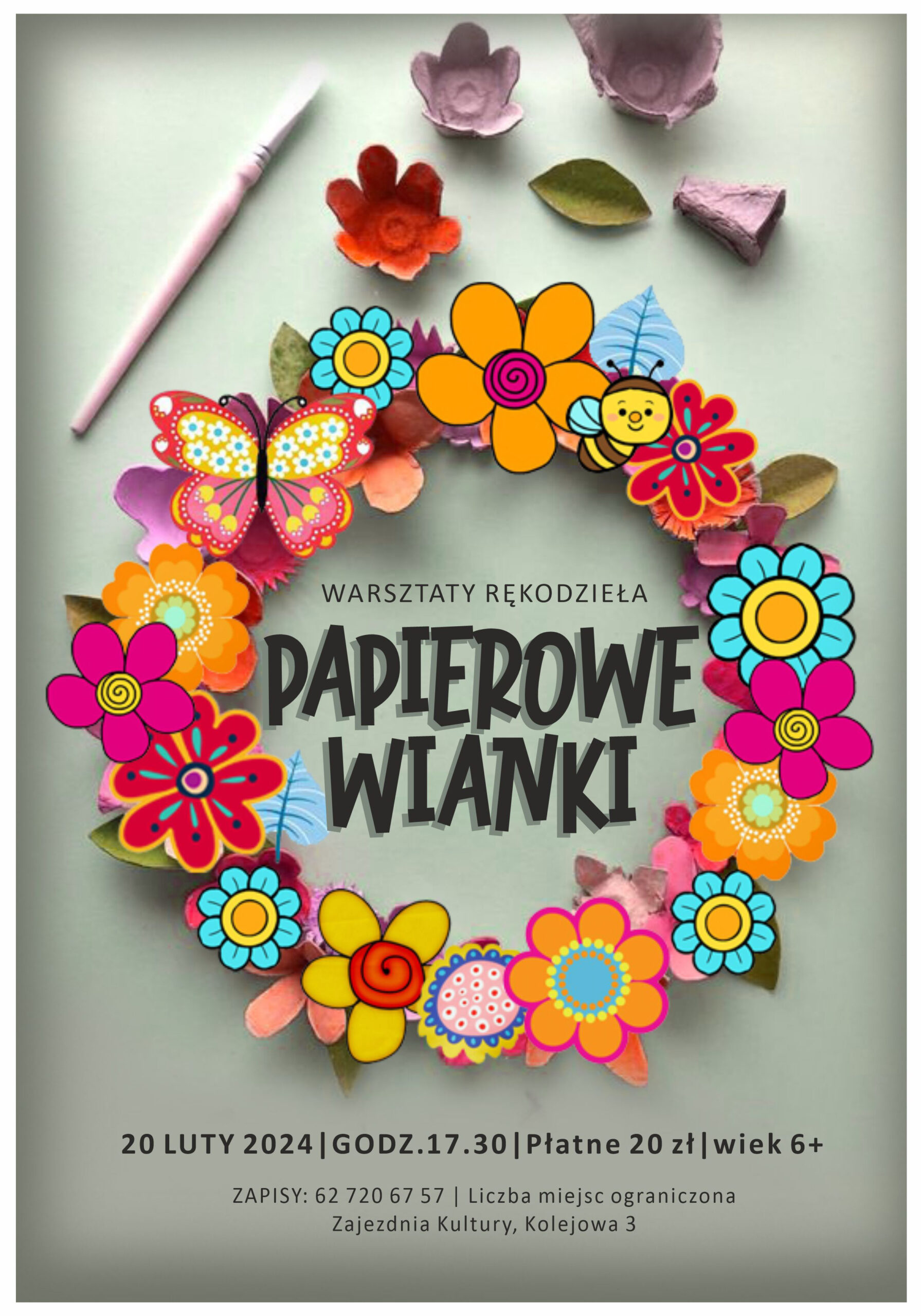 Plakat warsztatów rękodzieła organizowanych w Zajezdni Kultury w Pleszewie 20 lutego 2024 roku o godzinie 17:30.